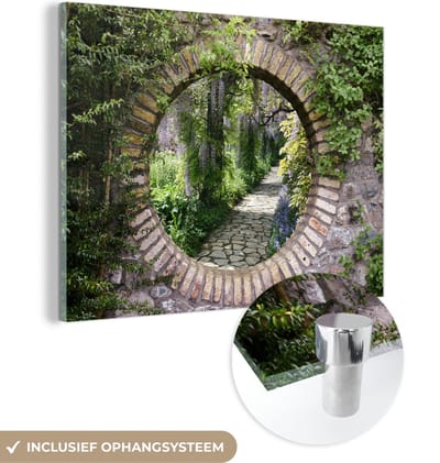 MuchoWow® Glasschilderij 120x90 cm - Schilderij acrylglas - Bos - Stenen - Doorkijk - Pad - Foto op glas - Schilderijen