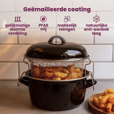 Oliebollenpan - Frituurpan Braadpan - Lekker Frituren - Met Mand - Ø 24 cm - Zwart