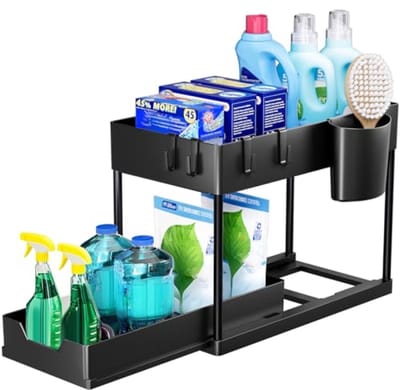 Opbergrek voor onder de gootsteen - 2 niveaus met uitschuiflade - Multifunctioneel opbergrek voor keuken, badkamer, wasruimte - Zwart