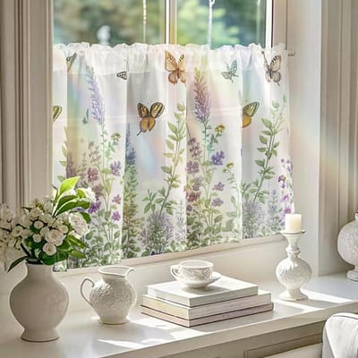 SnelShoppen - Semi-Transparante Bistro Gordijnen Bloemen Vlinders Wit Landelijke Stijl Korte Gordijn voor Badkamerraam 150 x 60 cm 1 Stuk
