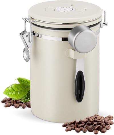 GELLDG Edelstalen Koffieblik - 2,8 L - Luchtdichte Koffiepot met Eenrichtingsklep - Dubbele Afdichting met Sluitklem en Siliconen Ring - Geschikt voor Koffiebonen, Thee, Noten en Cacao - Opslagbus met Datumschijf en Maatlepel - Beige
