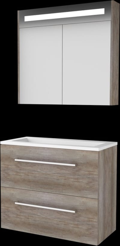 Basic Premium 39 badmeubelset met spiegelkast met geïntegreerde LED verlichting, wastafelonderkast met grepen, 2 lades en acryl wastafel zonder