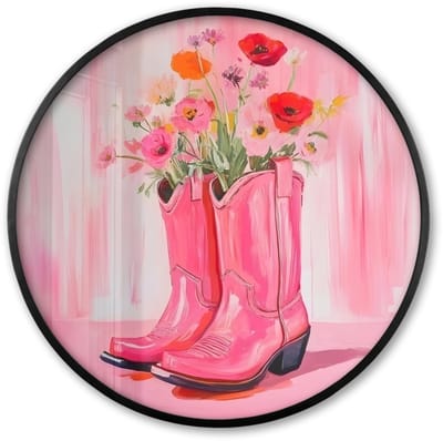Poster in lijst Rond - Fotolijst 60x60 cm - Posters - Roze - Bloemen - Cowboy - Ronde posterlijst zwart - Decoratie - Wanddecoratie woonkamer - Muurdecoratie slaapkamer
