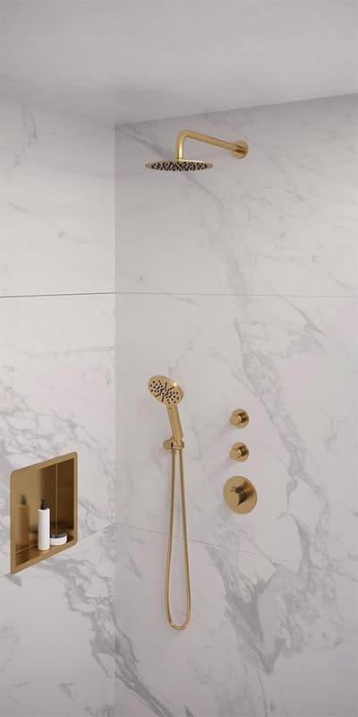 Brauer Gold Edition thermostatische inbouw regendouche SET 09 met 20 cm douchekop en gebogen muurarm en 3-standen handdouche en doucheslang en wandaansluitbocht goud geborsteld PVD