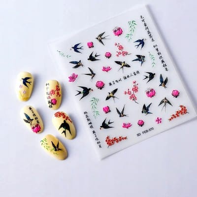 Frezarkowo - 3D Samopressende Nagelstickers - Jaskółka en Bloemen - 9,5x8 cm