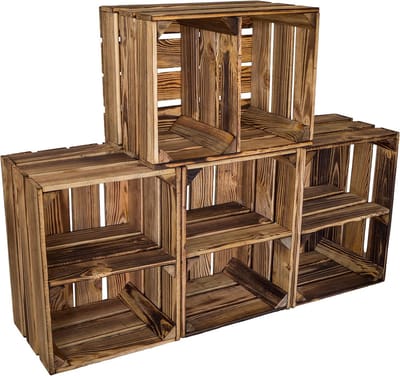 Set van 4 Gevlamde Houten Kisten 40x30x25cm - Robuuste Opslag voor Binnen en Buiten