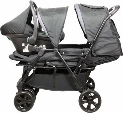 Dubbele kinderwagen - BAMBISOL - Gecombineerde dubbele kinderwagen + I-size autostoeltje - 4 wielen - Zwart