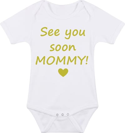 Baby rompertje met leuke tekst | See you soon mommy! |zwangerschap aankondiging | cadeau papa mama opa oma oom tante | kraamcadeau | maat 80 wit goud