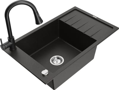 Mexen Elias granitische spoelbak met 1 bak, afdruiprek en keukenmengkraan Elia, zwart/gouden metallic - 6511-75-670101-70
