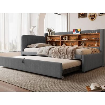 ModernLuxe Slaapbank 90×200 cm - met opbergbed - USB + Type-C aansluiting - met plank - linnen - grijs (matras niet inbegrepen)