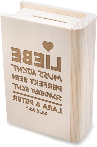 Gepersonaliseerde spaarpot - Boekvorm spaarpot - Geld sparen cadeau - Met gravure - 165 cm hoog - Houtdessin