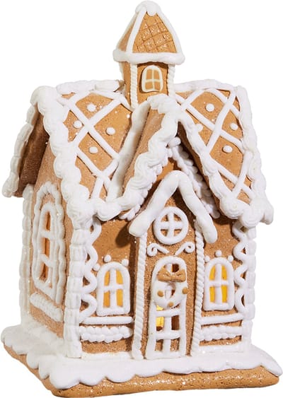 Viv! Christmas Kerstbeeld - Gingerbread Huisje van Klei met Icing Details incl. LED Verlichting - bruin wit - 20cm