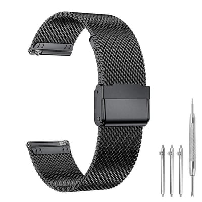 Premium Milanese Mesh Horlogeband - 20mm - Roestvrijstalen RVS Band Met Interlock Veiligheidssluiting - Universeel Verstelbaar Polsbandje (167-252mm) - Geschikt Voor Smartwatch & Traditioneel Horloge - Zwart - Incl. Snelsluiting En Gereedschap