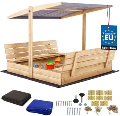 KOTARBAU® Houten Zandbak - 140 x 140 cm - Natuurlijk - Zandbak met Bankjes - met Grijs Dak - en Grondzeil - voor Tuin - Buitenspeelgoed