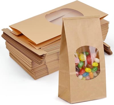 Kraftpapieren zakjes met kijkvenster, 50 stuks, 17 x 9 x 6 cm, ideaal voor koekjes, noten en specerijen, oliebestendig en staand ontwerp
