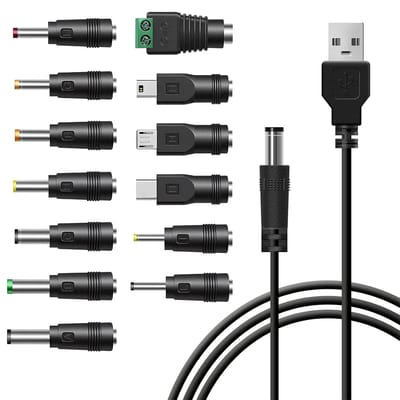 Ynkkvre -USB naar DC-stroomkabel 1M - 13-in-1 universele stroomkabel - 5V/3A - 5,5 x 2,1 mm DC Power Connector - Stroomkabeladapter - Met barrel jack 2.5x0.7mm, 3.5x1.35mm, 4.0x1.7mm, 5.5x2.5mm, 3.0x1.0mm connectoren - USB-oplaadkabel voor laptops