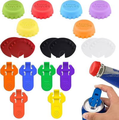 Set van 12 deksels voor drankblikken en 6 eenvoudige openers voor het afsluiten en openen van frisdranken en bier, ideaal voor bescherming en gebruiksgemak