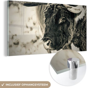 MuchoWow® Glasschilderij 40x20 cm - Schilderij acrylglas - Schotse Hooglander - Sneeuw - Horens - Foto op glas - Schilderijen