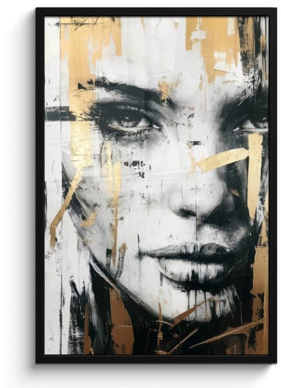 Poster in lijst - Fotolijst 60x90 cm - Posters - Portret - Vrouw - Penseelstreken - Goud - Posterlijst zwart - Decoratie - Wanddecoratie woonkamer - Muurdecoratie slaapkamer