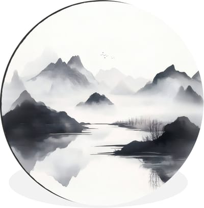 WallCircle - Wandcirkel - Muurcirkel - Bergen - Mistig - Water - Wit - Aluminium - Dibond - 30x30 cm - Binnen en Buiten