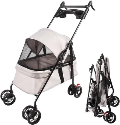 3-in-1 Opvouwbare Hondenbuggy en Shoppingwagen met Mand en Bekerhouder