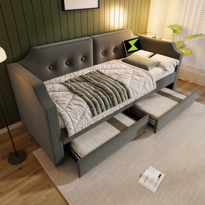 DESMIU Gestoffeerd Bed 90x200 cm - Dagbed Met Leeslamp en USB-C - 2 Opberglades - Voor Kinderkamer en Logeerkamer - Fluweel - Grijs - Zonder Matras