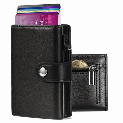 EliteWallets Pasjeshouder Deluxe - Uitschuifbaar met Ritsvakje - Kaarthouder voor Mannen en Vrouwen - Nappa Leer - RFID Bescherming - Pashouder voor 12 Pasjes en Muntgeld - Zwart