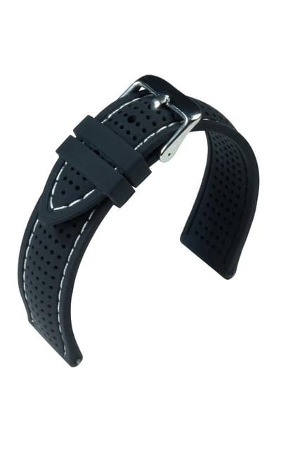 EULIT horlogeband - siliconen - 20 mm - zwart met wit stiksel - edelmetaal gesp