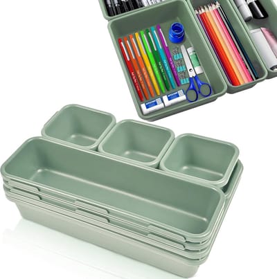 SnelShoppen - Lade-organizerset 8-delig - Bureau-organizer, flexibele ladeverdelers, opbergdozen voor kantoor, thuiskantoor, keuken, pastelgroen