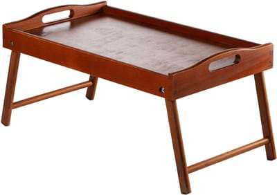 KADAX Bedtafel, ontbijtdienblad van grenenhout, 19 x 30 x 50 cm, serveerdienblad, inklapbaar beddienblad, eetdienblad voor ontbijt op bed, bijzettafel (bruin)