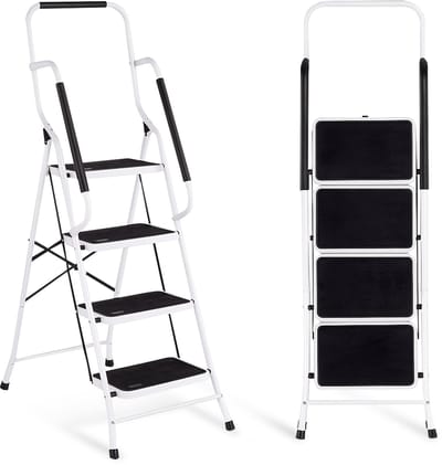 Extra Veilige Huishoudtrap van Staal - 4 treden - keukentrapje 4 treden met Leuning - Vouwladder | Max 150Kg | Wit