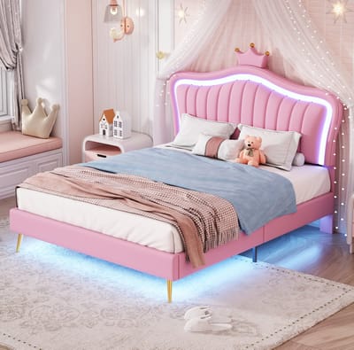 MEUNIQ Kinderbed 140 x 200 cm met schelpvormig hoofdbord, kroon en LED-verlichting, gestoffeerd bedframe van kunstleer met lattenbodem voor kinderkamer, roze
