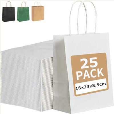 Witte papieren zakken met handvat - 25 stuks - 18 x 21 x 8 cm - Cadeauzakjes en adventskalender