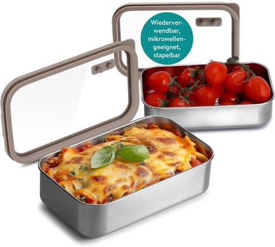 Famanu – RVS broodtrommel met siliconen afdichting en glazen deksel - lekvrije lunchbox - magnetronbestendig - duurzaam en herbruikbaar - geschikt voor werk en onderweg - zilver met bruin - 700 ml