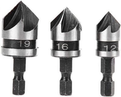 Houtfrezen - Profielfrezen - 3-delige Set 90 Gradus 5-fluit Chamferfreesen, 1/4" Hex Schacht, 12/16/19mm, Snelle Wisseling voor Hout/Metaal