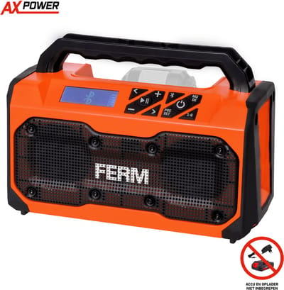 FERM - AX-POWER - JRM1005 - Bouw radio - Bluetooth radio - FM radio - USB oplaadpoort - Stereo - 2x 15W - Draagbaar - Werkt op 20V AX of FX accu [apart verkrijgbaar] - Geschikt voor de werkplaats - Bouwvakker radio - Powerbank functie - Jobsite radio