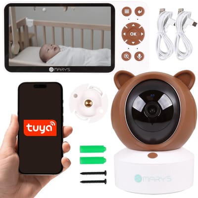 Mary's Babyfoon, babycamera met monitor, Teddybeer 2in1, slaapliedjes, WiFi TUYA, USB