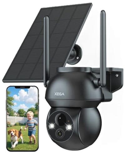 Xega 2K Zonne-energie CCTV-bewakingscamera Buiten Draadloos, 360° Beeld PTZ Beveiligingscamera met WiFi, Oplaadbare Batterij IP-camera, Kleur Nachtzicht, Tweerichtingsaudio, PIR-detectie, IP66