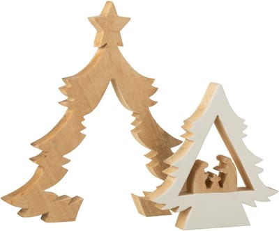 J-Line decoratie Kerststal In Boom + Ster - hout - wit/naturel