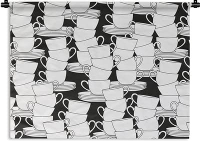 Wandkleed - Wanddoek - Patronen - Zwart wit - Kopjes - Thee - 60x45 cm - Wandtapijt