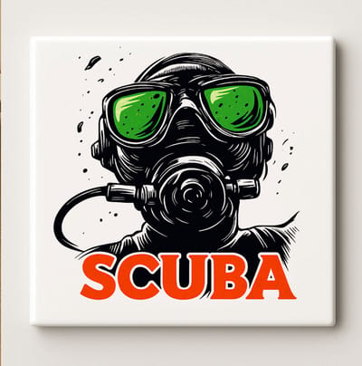 “Scuba” Duiker Kunsttegel – 15x15cm Keramische Muurdecoratie, Perfect Cadeau voor Duikers, Oceaanliefhebbers of Strandhuis Decoratie