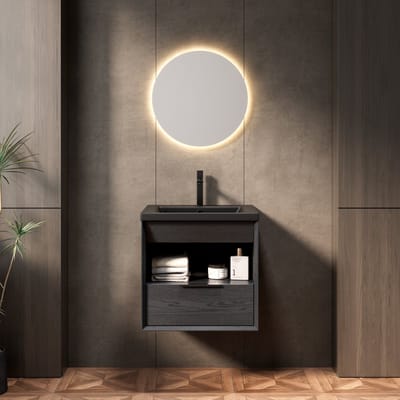 Wishdor - Badkamermeubel Met Keramische Wastafel - Lade En Open Vak - Zwart En Donker Eiken - 51 Cm