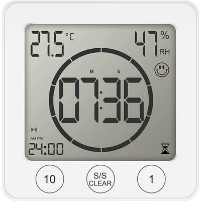 Digitale Badkamer Klok met Zuignap – LCD Scherm met Tijd, Temperatuur & Luchtvochtigheid – Douche Timer tot 99 min – Waterbestendig IP54 – Voor Badkamer & Keuken