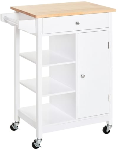 Daity Keukentrolley, verrijdbaar keukeneiland, houten aanrechtblad, 3-laags planken en opbergkasten, wit
