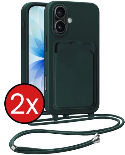 Hoesje Geschikt voor iPhone 17 Hoesje Met Telefoonkoord en Pasjeshouder Siliconen - Hoes Geschikt voor iPhone 17 Hoesje Met Kaarthouder Case - Donkergroen - 2 PACK