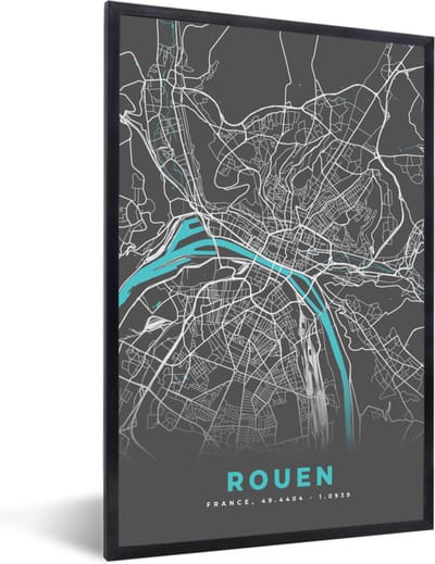 Fotolijst incl. Poster - Rouen - Frankrijk - Stadskaart - Kaart - Plattegrond - 40x60 cm - Posterlijst