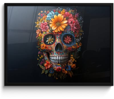 Poster in lijst - Fotolijst 80x60 cm - Posters - Bloemen - Kleurrijk - Schedel - Posterlijst zwart - Decoratie - Wanddecoratie woonkamer - Muurdecoratie slaapkamer