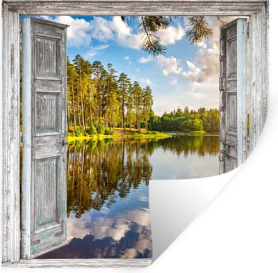 Muurstickers - Sticker Folie - Water - Landschap - Raam - Doorkijk - 100x100 cm - Plakfolie - Muurstickers Kinderkamer - Zelfklevend Behang XXL - Zelfklevend behangpapier - Stickerfolie