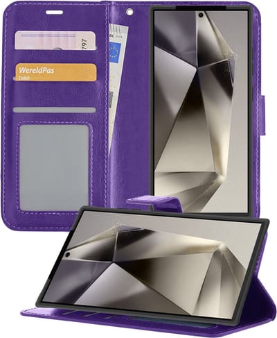 Hoesje - Met Pasjeshouder - Geschikt voor Samsung Galaxy S24 Ultra - Luxe Bookcase Portemonee - Flip Case - Kunstleer Book Case - Flipcase - Book Cover - Walletcase - Portemonneehoes - Telefoonhoesjes - Paars