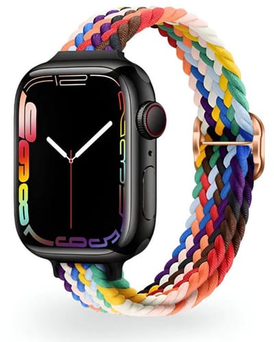 Stravo Slank Gevlochten Nylon Bandje – Geschikt voor Apple Watch 42mm (Series 11/10), 41mm (Series 9/8/7), 40mm (Series 6/5/4/, SE 1/2/3), 38mm (Series 3/2/1) – Roségouden Verstelbare Schuifsluiting – Comfortabel Horlogebandje – Regenboog